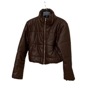 Fashion Nova Brown Vixen Faux Leather Puffer Jacket Womens Size Large Winter